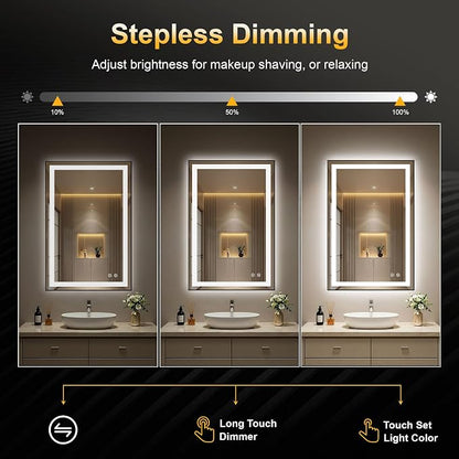 LED Bathroom Mirror with Light, 24x36 Vanity Mirror for Wall with Frame | Anti-Fog, Dimmable 3 Colors, Memory Function, Backlit and Front Lit, Shatter-Proof Glass, Plug-in/Hardwired