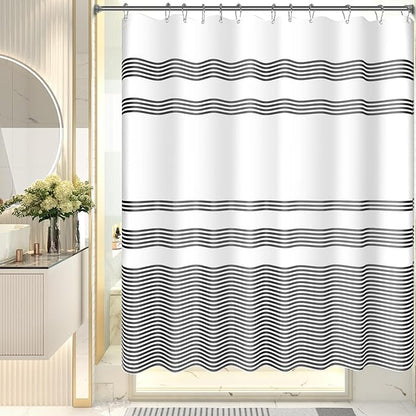 AmazerBath Shower Curtain, Striped Black Fabric Shower Curtain Set with 12 Shower Curtain Hooks, Rustic Cloth Black and White Curtain, Farmhouse Bathroom Shower Curtain Sets, 72x84 Inches