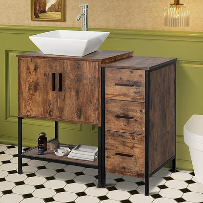 UEV 36" Antique Bathroom Vanity, Dark Brown Bathroom Vanity Set with Sink and 3 Drawers Side Cabinet Combo, Iron Wood Bathroom Cabinet with Adjustable Water Temperature Faucet (A07)