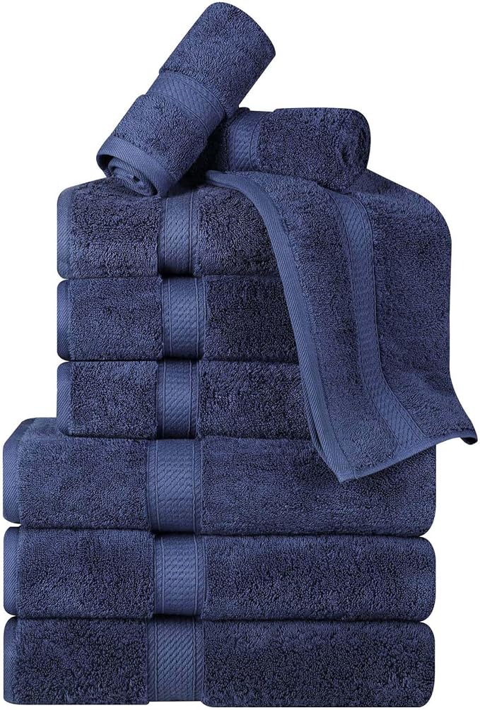 Superior Egyptian Cotton 800 GSM Plush & Absorbent, 9 Piece Set, Navy Blue | Quick Dry, Soft Luxury Towel Set, Bath Essentials, Guest Bath, Spa, 3 Bath, 3 Hand, 3 Face Towel, Madeline Towels