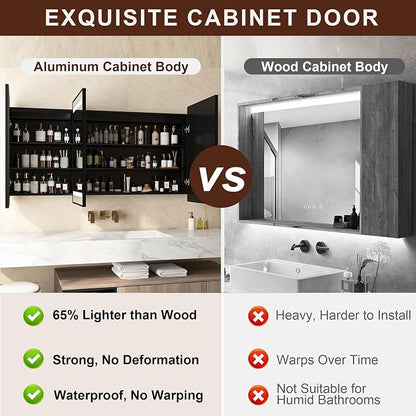 48 x 32 Inch LED Medicine Cabinet with Mirror, Recessed or Surface Mount, Soft Close Hinges, Adjustable Shelves, Black