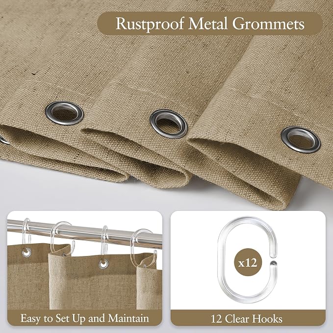 Linen Scallop Shower Curtain with 12 Clear Hooks, Waterproof, 72x72, Khaki | Waterproof Heavy Duty Thick Fabric with Black Border, Minimalist Neutral Boho Farmhouse Bathroom Décor