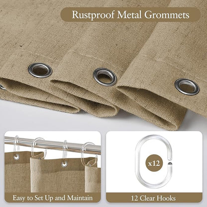 Linen Scallop Shower Curtain with 12 Clear Hooks, Waterproof, 72x72, Khaki | Waterproof Heavy Duty Thick Fabric with Black Border, Minimalist Neutral Boho Farmhouse Bathroom Décor