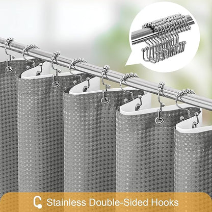 3 in 1 Grey Shower Curtain with PEVA Liner, 12 Hooks, 72x72 | Luxury Weighted Fabric Shower Curtain Set, 12 Stainless Steel Double-Sided Hooks, Water Repellent, Bathroom Decor