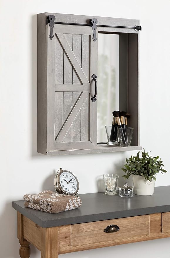 Kate and Laurel Cates Decorative Wood Wall Storage Cabinet with Rectangle Mirror and Sliding Barn Door, 22 x 28, Rustic Gray, Farmhouse Decor for Wall Storage
