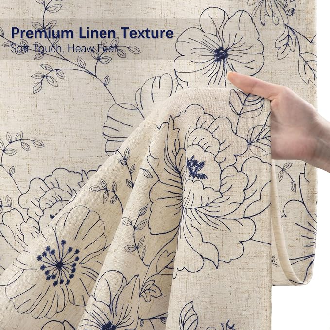 Farmhouse Floral Linen Shower Curtain, Vintage Navy Blue Embroidered Pattern Rustic Shower Curtains for Bathroom, 72x72