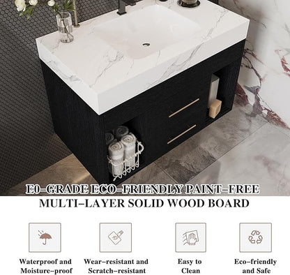 30 inch Modern Floating Bathroom Vanity with Sink, Wall Mounted Bathroom Cabinet with Undermount Ceramic Sink, Sintered Stone Countertop, 2 Soft Closing Drawers & Open Storage Shelf, Black