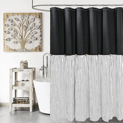DOSLY IDÉES Farmhouse Shower Curtain, Black and Black Striped, Button Curtain, Spa Waffle and Cotton Woven Fabric, Rustic Charm Country Chic Style, 72x84 in