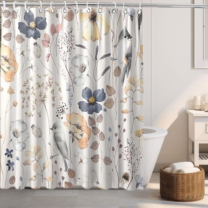 Flower Floral Shower Curtain, Watercolor Wildflower with Botanical and Birds Fabric Shower Curtains Set, Boho Plants Shower Curtains with Hooks, Minimalist Bthroom Decor 72x72inch
