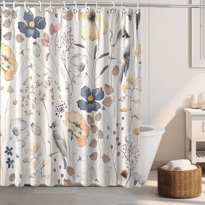 Flower Floral Shower Curtain, Watercolor Wildflower with Botanical and Birds Fabric Shower Curtains Set, Boho Plants Shower Curtains with Hooks, Minimalist Bthroom Decor 72x72inch