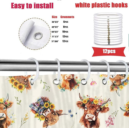 Highland Cow Shower Curtain, Sunflower Floral Wreath Cow Print Farmhouse & Country Style Fun Shower Curtain for Bathroom, Fabric Polyester Bathroom Curtains Set with Hooks, 72X72inch