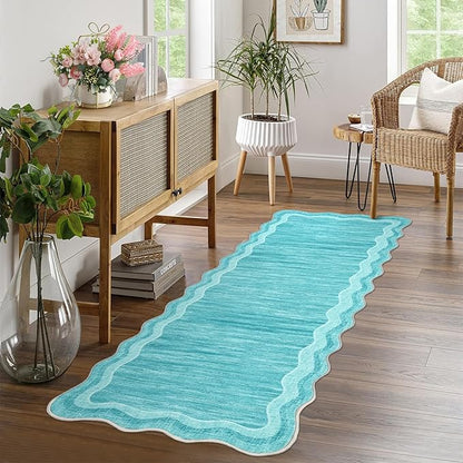 Garvee Washable Runner Rug 2x6 Modern Solid Scalloped Kitchen Runner Teal | Modern Long Runner Rug for Entryway Bedroom, Non Slip Low Pile Solid Runner Rugs for Entryway, Nursery Rugs Runner