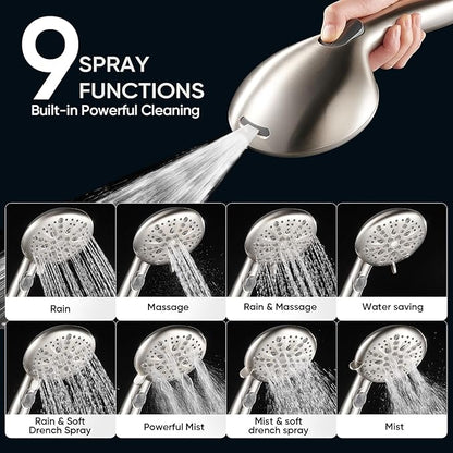 Cobbe 9 Spray Modes Handheld Shower Head, Water-Saving, Brushed Nickel | Power Rinse, 1-Click Pause & Flow Control, 6ft Stainless Steel Hose, Adjustable Brass Bracket