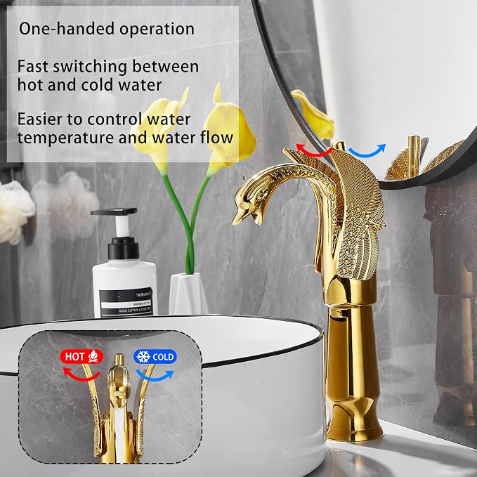Gold Swan Shape Single Handle One Hole Bathroom Vessel Sink Faucet Deck Mount Lavatory Sink Faucet