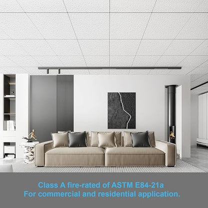 Art3d 12-Pack Stucco Texture Drop Ceiling Tiles 2x2 FT - Fire-Rated, Waterproof, Reusable - Premium PVC 24x24 Inch Ceiling Panels for Living Room Kitchen Bathroom Basement Office, White