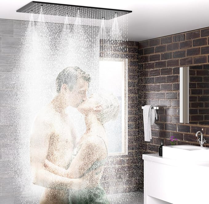 2-Functions Luxury High Pressure Rain Shower Head, 16"x32" Large Ceiling Full Body Shower Head with Silicone Nozzles Rectangle Mist Showerhead, Black Finish