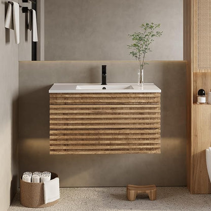 eclife 36" Floating Bathroom Vanity with Sink Combo Mid-Century Wall Mounted Cabinet with Wood Stripes Decor, Drawers, Undermount Single Sink, Faucet, Drain, Light Walnut