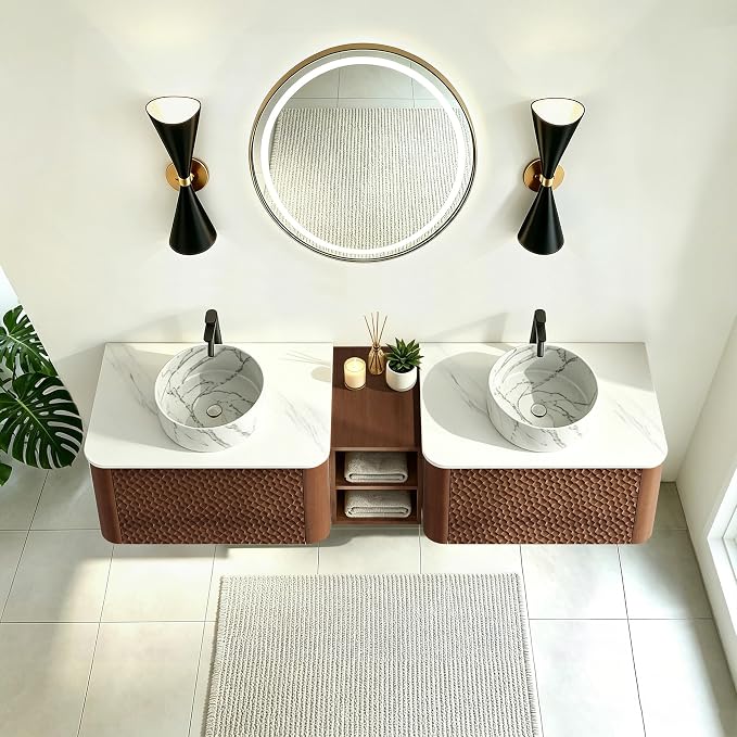 72 Inch Double Vanity with Sink Set, Floating Bathroom Sink Cabinet with Sintered Stone Top&Solid Wood Hammered Frame, Double Bathroom Vanities w/Soft-Close Drawers&1 Side Open Cube