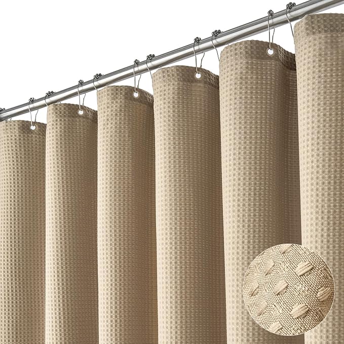 Extra Long Waffle Shower Curtain 256 GSM Fabric 72x84 Beige/Khaki | 84 Inch Long, Thick Cloth, Weighted Hem, Water Repellent, Tall Hotel Luxury Polyester Shower Curtains for Bathroom 12 Hooks