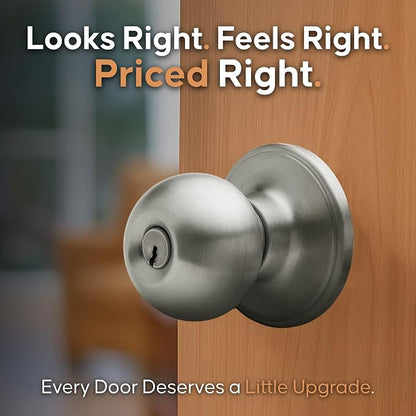 Copper Creek Colonial Entry Door Knob – Keyed Entry Handle with Lock and Key, ANSI Grade-3 Certified, DIY-Friendly Install for Interior and Exterior Entrance Doors – Satin Stainless (2 Pack)