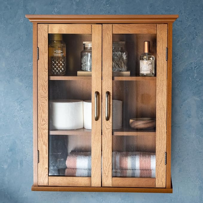 Teamson Home Avery Wooden Over The Toilet Bathroom Removable Wall Medicine Cabinet with 2 Adjustable Shelves 3 Storage Spaces 2 Glass-Paneled Doors and Antique Brass Knobs, Oiled Oak | Glass Paneled Doors, 2 Adjustable Shelves, Antique Brass Knobs, Med...