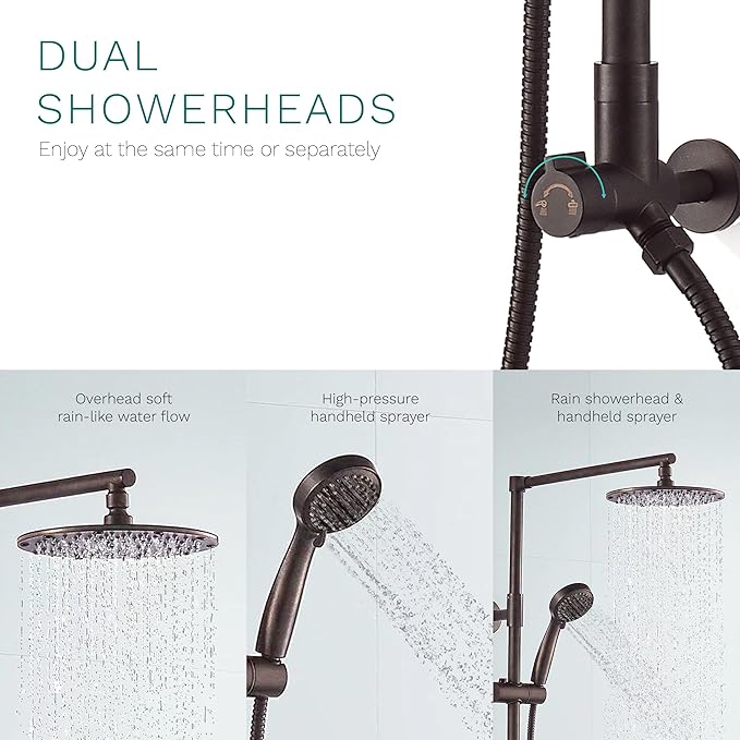 Fennocasa Polaris 3 Rain Shower System, 8” Rainfall Shower Head and Handheld Shower Combo, includes 3-Setting Handheld Spray, Height Adjustable Shower Wand Holder, 60” Hose (1.8 GPM Oil Rubbed Bronze)
