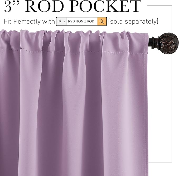 RYB HOME Small Kitchen Curtains, Room Darkening Drapes Energy Efficient Half Window Coverings Heavy Duty Solid Decor for Bedroom Bathroom Dining Room, W42 x L36 inches, Lilac, 2 Panels Set