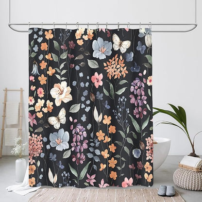 Black Floral Shower Curtain 60x72, Colorful Wildflower Dark Fabric Shower Curtains, Flower Botanical Leaf Bath Curtain Boho Vintage Rustic Shower Curtain Moody Maximalist Bathroom Decor