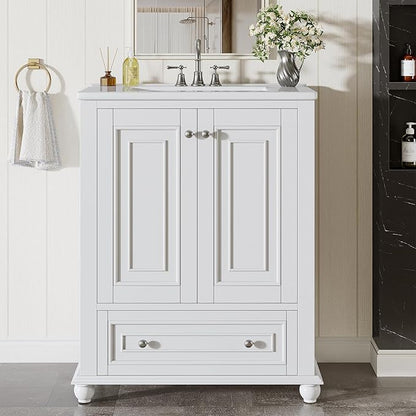 Tribesigns 24" Bathroom Vanity with Ceramic Sink Combo, Freestanding Bathroom Storage Vanity Cabinet with 2 Doors & 1 Drawer, Solid Wooden Frame & Coated Surface, Metal Handle, White