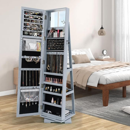 CHARMAID 360° Swivel Jewelry Armoire with Full Length Mirror, Standing Lockable Jewelry Cabinet Organizer, Large Storage Capacity, Inside Makeup Mirror, Back Storage Shelves (Gray)