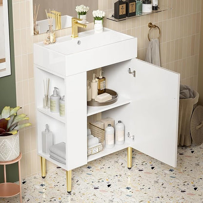 Merax 21.6" Single Sink Bathroom Vanity, Freestanding Bathroom Vanity with Open Shlef, Wood Bathroom Cabinet with Ceramic Basin Sink Top, White