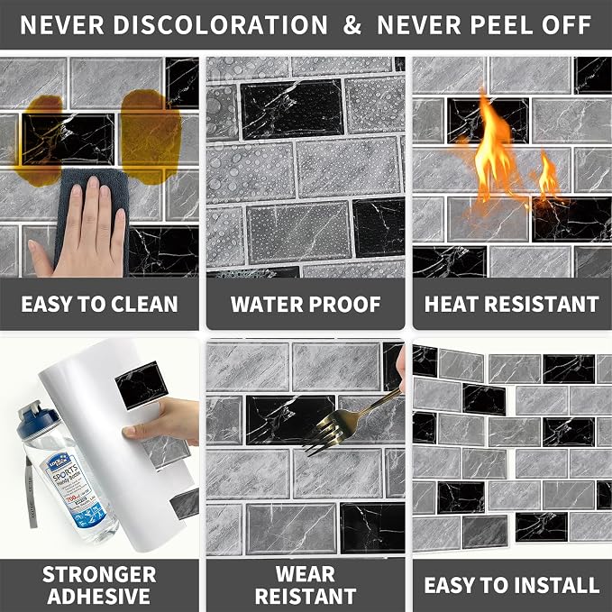 URCOLOR 10-Sheet Peel and Stick Backsplash Tile Sticker for Kitchen,12"x12" Self Adhesive Subway Wall Tiles Stick on Back Splashes for Bathroom Gray Black Marble Design