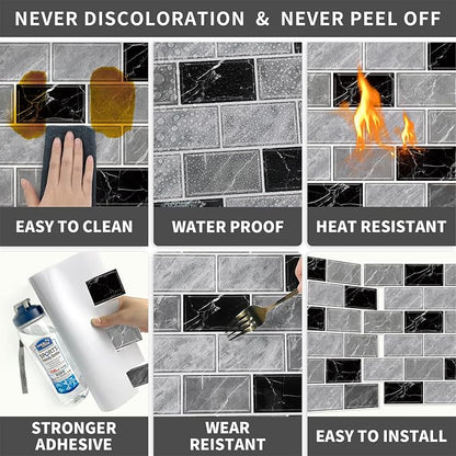 URCOLOR 10-Sheet Peel and Stick Backsplash Tile Sticker for Kitchen,12"x12" Self Adhesive Subway Wall Tiles Stick on Back Splashes for Bathroom Gray Black Marble Design