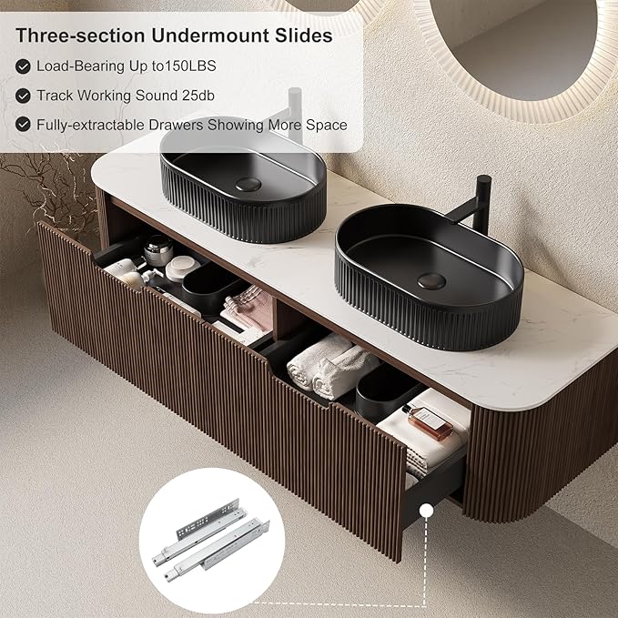 60" Floating Bathroom Vanity with Sink, Wall-Mount Cabinet with 2 Large Storage Drawer, 2 Black Oval Bathroom Ceramic Basins and Marble Top, Soft-Close Design, Dark Walnut