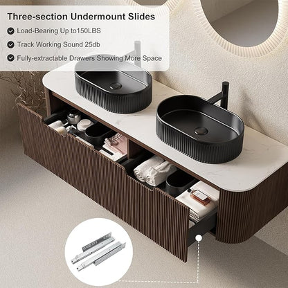 60" Floating Bathroom Vanity with Sink, Wall-Mount Cabinet with 2 Large Storage Drawer, 2 Black Oval Bathroom Ceramic Basins and Marble Top, Soft-Close Design, Dark Walnut