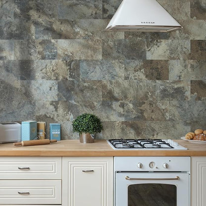 AULIGET 20-Piece Beige & Brown Slate Peel and Stick Backsplash Wall Tiles, 6" x 12" PVC Faux Stone Stick on Tiles Backsplash Kitchen