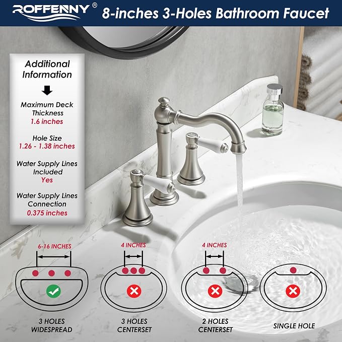 Porcelain Brushed Nickel Bathroom Faucet 8 inch Widespread 3 Holes | Includes Plastic Pop-Up Drain & Two 23.6" Supply Lines, Classical 8" Spread Lavatory & Bath Vanity Sink Faucets, Brass Spout