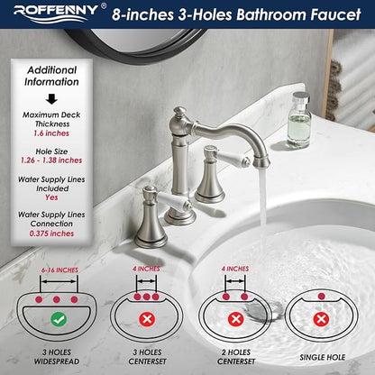 Porcelain Brushed Nickel Bathroom Faucet 8 inch Widespread 3 Holes | Includes Plastic Pop-Up Drain & Two 23.6" Supply Lines, Classical 8" Spread Lavatory & Bath Vanity Sink Faucets, Brass Spout