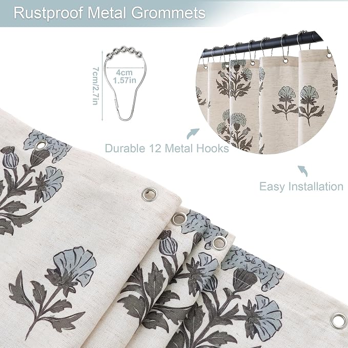 ORTIGIA Linen Textured Ruffle Shower Curtain with Metal Hooks, Vintage Blue Floral Block Print Boho Waterproof Bath Curtain for Rustic Farmhouse Bathroom Decor 72x72 Inch