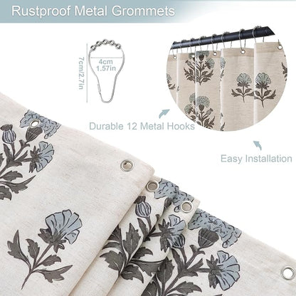 ORTIGIA Linen Textured Ruffle Shower Curtain with Metal Hooks, Vintage Blue Floral Block Print Boho Waterproof Bath Curtain for Rustic Farmhouse Bathroom Decor 72x72 Inch