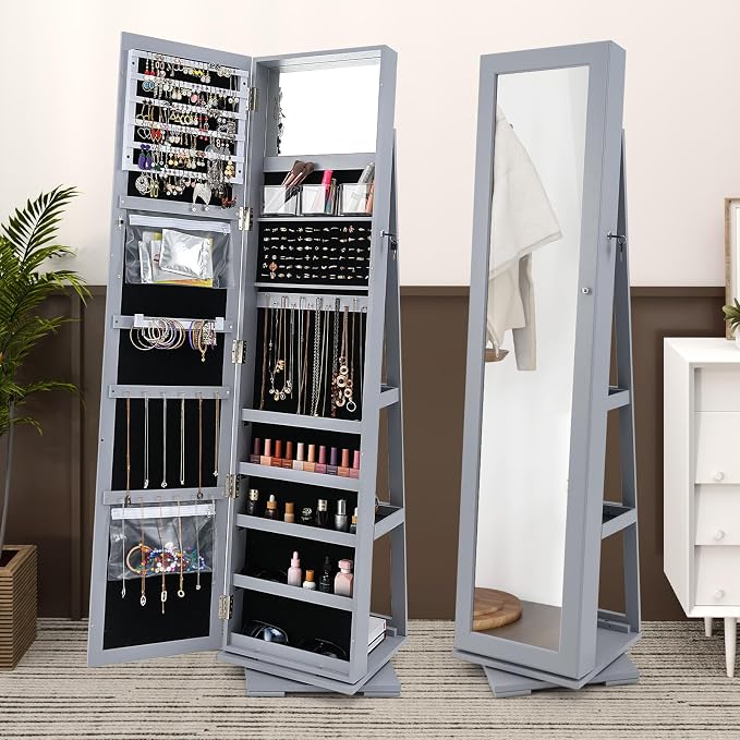 GOFLAME 360° Rotating Jewelry Armoire, Lockable Jewelry Cabinet with Full-Length Mirror & Inner Makeup Mirror, Standing Jewelry Storage Organizer with Rear Storage Shelves, Gray