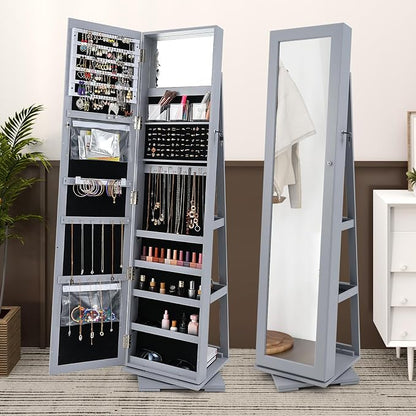 GOFLAME 360° Rotating Jewelry Armoire, Lockable Jewelry Cabinet with Full-Length Mirror & Inner Makeup Mirror, Standing Jewelry Storage Organizer with Rear Storage Shelves, Gray