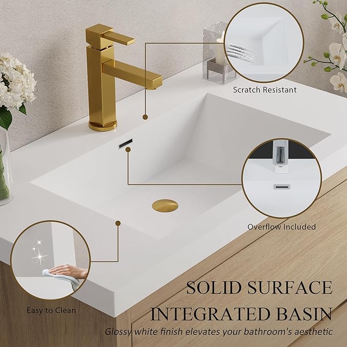 Abruzzo 30" Natural Oak Wall-Mounted Bathroom Vanity with Sink – Stone Resin Countertop & Soft-Close Drawers, Waterproof Wood Cabinet for Small Bathrooms