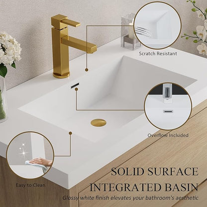 Abruzzo 30" Natural Oak Wall-Mounted Bathroom Vanity with Sink – Stone Resin Countertop & Soft-Close Drawers, Waterproof Wood Cabinet for Small Bathrooms