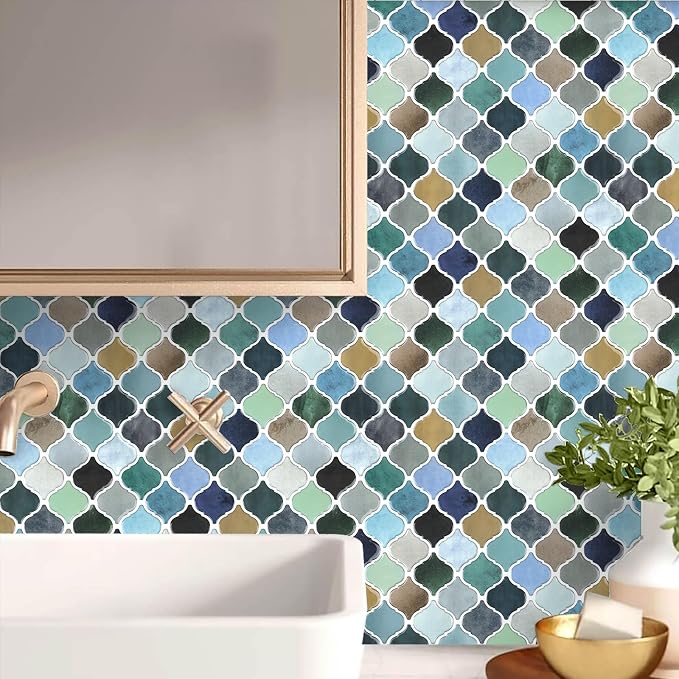 STICKGOO Arabesque Peel and Stick Backsplash, 12”X12” Backsplash Tile for Kitchen Peel and Stick, Self Adhesive Wall Tile Stick on Tiles (Thicker Design, Multicolor Look)