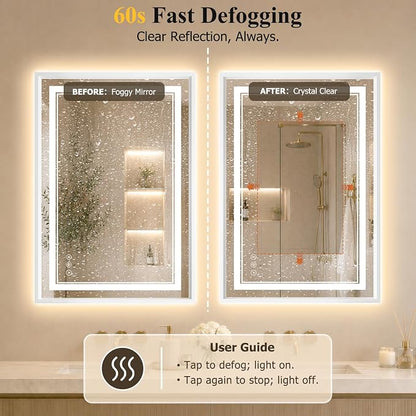 24"x36" LED Bathroom Mirror with Lights, Backlit + Front Lit, Anti-Fog | Lighted Bathroom Mirror with One-Piece Aluminum Alloy Frame, HD Shatterproof Tempered Glass, Dimmable, Memory Function
