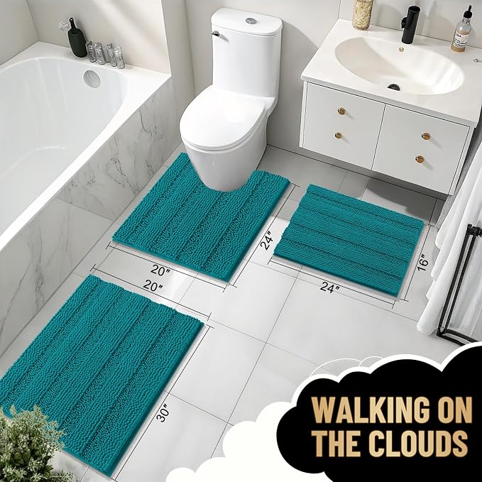 OLANLY Thick Small Bathroom Rugs 24x16, Soft Chenille Bath Rugs, Deep Lake | Rubber Backing, Machine Wash, Extra Absorbent Striped Bath Mats for Bathroom Floor, Tub and Shower, Home Decor Accessories