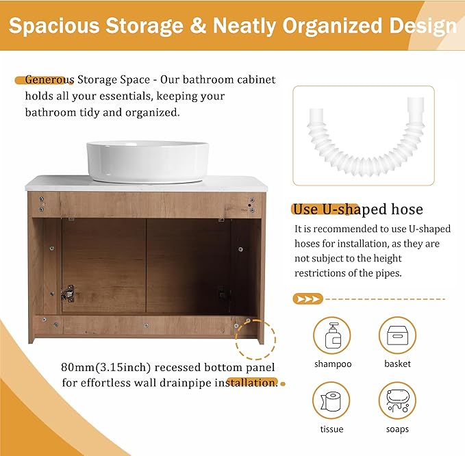 Malwee 30" Floating Bathroom Vanity with Sink, 30 Inch Wall Mounted Bathroom Cabinet Combo, Modern Single Sink Bath Storage Vanity Set, with 2 Soft Close Doors and Ceramic Vessel Basin Top(30-400