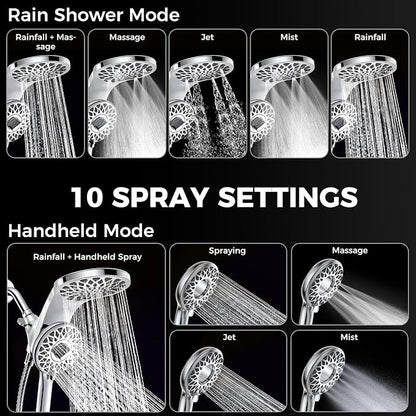High Pressure Rain Shower Head with Handheld Spray Combo | Detachable Dual Shower Head with 10 Sprays Modes - Upgrade Knob Spray Mode Selector and Magnetic Guidance Docking System