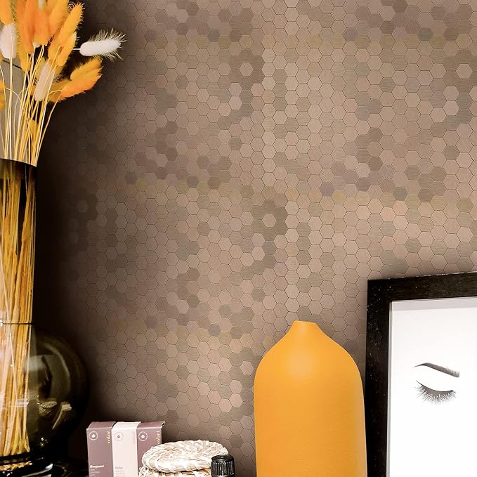 Copper Peel and Stick Backsplash, Self Adhesive Mini Hexagon Backsplash Aluminum Mosaic Tile for Kitchen Bathroom (6 Sheets)